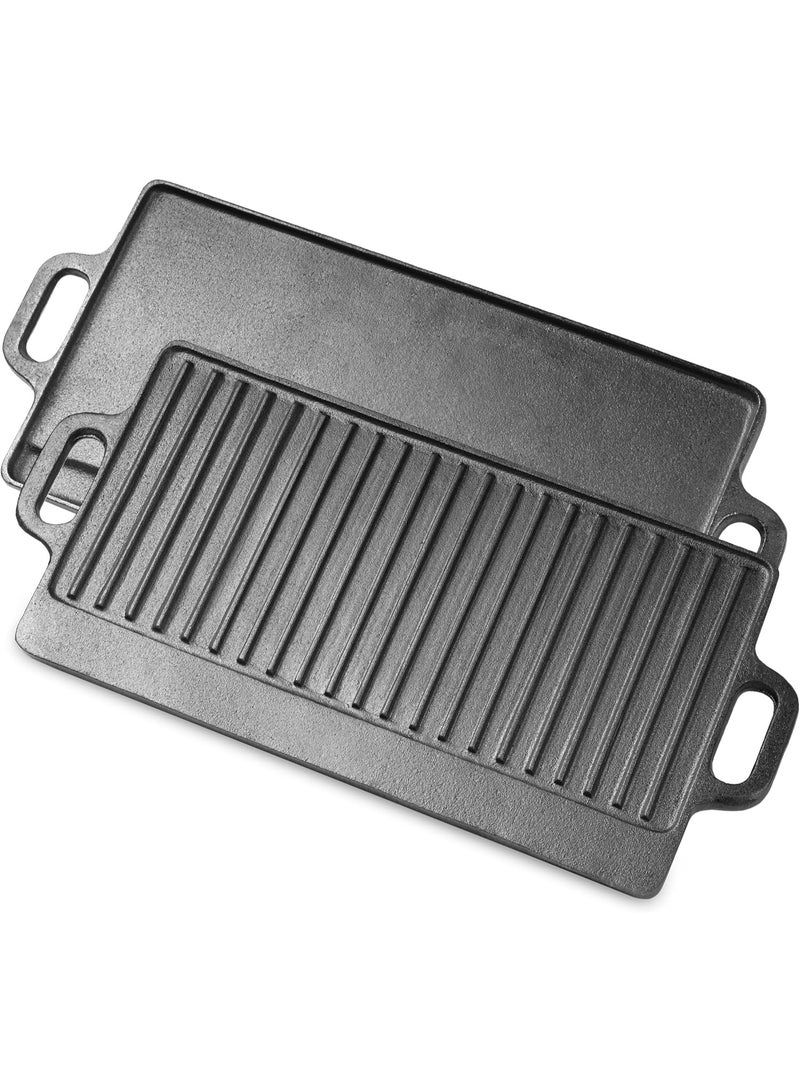 مقلاة من الحديد المطاطي ثنائية الواجهة مزدوجة الوظيفة، بحجم 19.5 بوصة × 9 بوصة، مع مقبض، مُحسنة مسبقًا وغير لاصقة، مناسبة للغاز ومطبخ الفرن والطبخ على النار المباشرة - Image 1